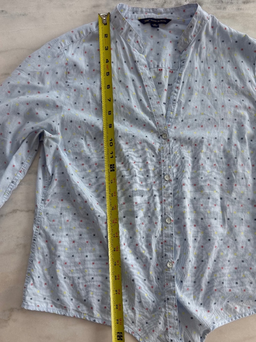 Brooks Brothers Blue Mini Print Blouse Tie Front Roll Tab Sleeve Women Size 10 - Picture 11 of 12